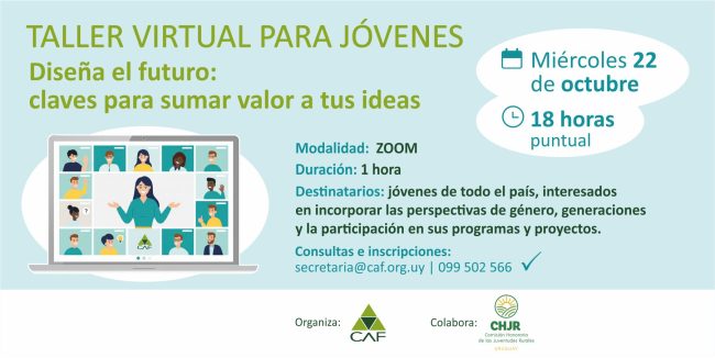 Flyer de convocatoria al taller virtual para jóvenes interesados en incorporar las perspectivas de género, generaciones y la participación en sus programas y proyectos.